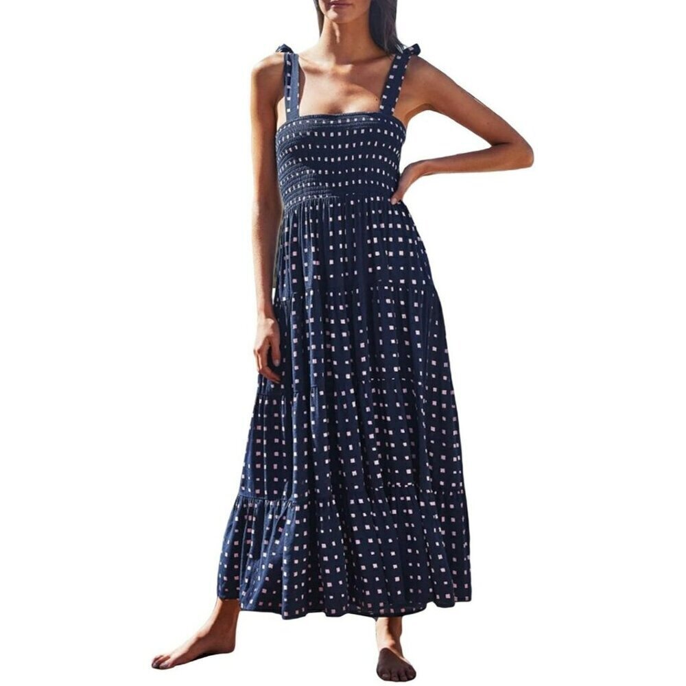 Womens Summer Maxi Dress Smocked Polka Dot Long Boho Beach Sun Dress Small